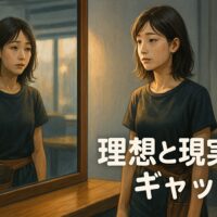 「鏡越しに自分を見つめる女性美容師のイラスト。理想と現実のギャップを表現」