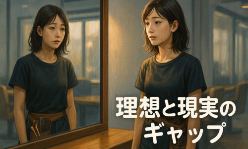 「鏡越しに自分を見つめる女性美容師のイラスト。理想と現実のギャップを表現」