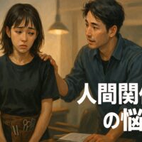 美容室の営業後、スタイリストの男性が売上帳を見つめながら次の目標を考える姿。数字のプレッシャーに向き合う力をテーマにしたイラスト