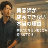 夜の美容室で、30代の日本人スタイリストがノートパソコンに映る売上グラフを見つめ、静かに考え込む姿。暖色の光と青みがかったトーンが交錯し、美容師が成長に悩む心情を表現したセミリアルなイラスト。