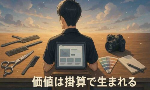 柔らかな光が注ぐ空想的な大きな木目デスクを後方から見た構図。デスクの上にはシザー、コーム、カラーチャート、タブレット、メモ帳、ペン、ミラーレスカメラなど、美容師の技術・デザイン・発信に関わる道具が広がっている。中央には男性美容師が座り、静かに道具を見つめ、自分の価値を確かめるような落ち着いた表情をしている。背景には夕焼けの空が広がり、右下に『価値は掛け算で生まれる』と白文字で表示されたセミリアルのイラスト。