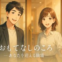 朝の光が差し込む美容室の入口で、 男性美容師と女性美容師が優しい笑顔で立ち、 新しい仲間を迎え入れるような温かな空気が漂う。 背景には木の温もりある店内と柔らかな光の粒子が広がり、 「おもてなしのこころ ― あなたを迎える職場 ―」という文字が添えられている。 清潔感と誠実さを感じる、アニメ風の採用ページ用イラスト。