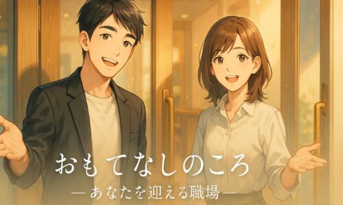 朝の光が差し込む美容室の入口で、 男性美容師と女性美容師が優しい笑顔で立ち、 新しい仲間を迎え入れるような温かな空気が漂う。 背景には木の温もりある店内と柔らかな光の粒子が広がり、 「おもてなしのこころ ― あなたを迎える職場 ―」という文字が添えられている。 清潔感と誠実さを感じる、アニメ風の採用ページ用イラスト。