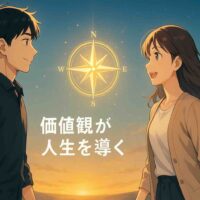 夜明けの光に包まれた丘の上で、 日本人の男女が中央に浮かぶ光るコンパスを見つめている。 ブルーとゴールドのグラデーション背景に、 「価値観が人生を導く」という文字。 ワクワクと希望を感じるアニメ風の明るいイラスト。