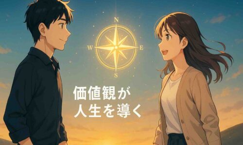 夜明けの光に包まれた丘の上で、 日本人の男女が中央に浮かぶ光るコンパスを見つめている。 ブルーとゴールドのグラデーション背景に、 「価値観が人生を導く」という文字。 ワクワクと希望を感じるアニメ風の明るいイラスト。