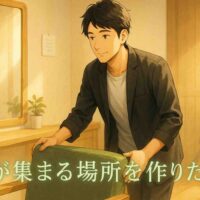 朝の柔らかな光が差し込む美容室の店内で、黒髪ショートの30代日本人男性オーナーが椅子を丁寧に整えている。 背景には木の温もりを感じる内装と鏡、そして壁には小さな理念メモが貼られている。 全体に柔らかな光と影が広がり、温かく穏やかな雰囲気。 画像の右下には薄い緑の文字で「人が集まる場所を作りたい」と書かれており、前向きで優しい気持ちが伝わるアニメ風のイラスト。