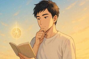 ノートを見ながら少し考え込む日本人男性。穏やかな表情で自己対話している