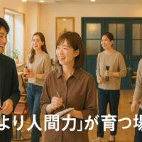 美容室の店内でスタッフが笑顔で談笑している様子。明るく温かな雰囲気が伝わるイラスト。