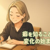 朝の光の中でノートを書きながら自分を見つめる日本人女性のイラスト。癖と習慣の変化を象徴するシーン。」