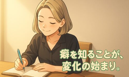 朝の光の中でノートを書きながら自分を見つめる日本人女性のイラスト。癖と習慣の変化を象徴するシーン。」