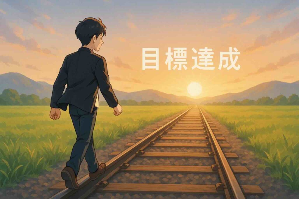 まっすぐ遠くまで続く線路の上を、30代の日本人男性が前向きな表情で歩いている。 黒髪ショートで黒いジャケット、白いTシャツを着ており、夕日が差し込む草原の中を一歩ずつ進む姿。 線路の先には大きな太陽が輝き、その下に白文字で「目標達成」と書かれている。 柔らかなオレンジとブルーのグラデーションが広がり、希望と達成感を感じるアニメ風のイラスト。
