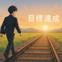 まっすぐ遠くまで続く線路の上を、30代の日本人男性が前向きな表情で歩いている。 黒髪ショートで黒いジャケット、白いTシャツを着ており、夕日が差し込む草原の中を一歩ずつ進む姿。 線路の先には大きな太陽が輝き、その下に白文字で「目標達成」と書かれている。 柔らかなオレンジとブルーのグラデーションが広がり、希望と達成感を感じるアニメ風のイラスト。
