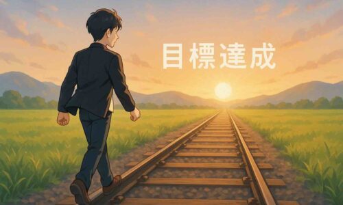 まっすぐ遠くまで続く線路の上を、30代の日本人男性が前向きな表情で歩いている。 黒髪ショートで黒いジャケット、白いTシャツを着ており、夕日が差し込む草原の中を一歩ずつ進む姿。 線路の先には大きな太陽が輝き、その下に白文字で「目標達成」と書かれている。 柔らかなオレンジとブルーのグラデーションが広がり、希望と達成感を感じるアニメ風のイラスト。