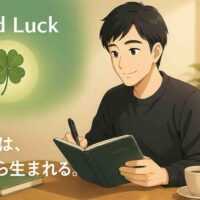柔らかな朝の光が差し込む室内で、40代の日本人男性・ジンが木のテーブルに向かい手帳を開いている。 テーブルの上には緑色の本が置かれ、上部には白い文字で“Good Luck”と描かれ、中央には一輪の四葉のクローバーが配置されている。 背景には木の温もりと観葉植物があり、全体が薄い緑の円状グラデーションに包まれている。 ジンの表情は穏やかで前向き。右下には「幸運は、準備から生まれる。」という白文字のコピーが丸みのあるモダンゴシック体で表示された、希望を感じるアニメ風のイラスト。