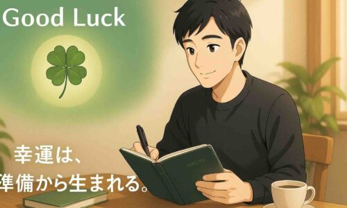 柔らかな朝の光が差し込む室内で、40代の日本人男性・ジンが木のテーブルに向かい手帳を開いている。 テーブルの上には緑色の本が置かれ、上部には白い文字で“Good Luck”と描かれ、中央には一輪の四葉のクローバーが配置されている。 背景には木の温もりと観葉植物があり、全体が薄い緑の円状グラデーションに包まれている。 ジンの表情は穏やかで前向き。右下には「幸運は、準備から生まれる。」という白文字のコピーが丸みのあるモダンゴシック体で表示された、希望を感じるアニメ風のイラスト。