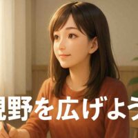 朝の光が差し込む部屋で、20代の日本人女性が窓の外を優しい表情で見つめている。 淡い光と木目の背景が柔らかい雰囲気をつくり、画面下には白い文字で「視野を広げよう」と表示されている。 全体がセミリアルなアニメ風タッチで描かれ、前向きで静かな気づきの瞬間を表したイラスト。