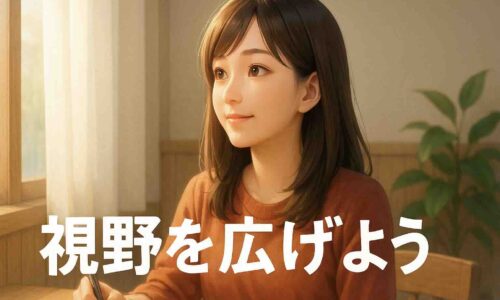 朝の光が差し込む部屋で、20代の日本人女性が窓の外を優しい表情で見つめている。 淡い光と木目の背景が柔らかい雰囲気をつくり、画面下には白い文字で「視野を広げよう」と表示されている。 全体がセミリアルなアニメ風タッチで描かれ、前向きで静かな気づきの瞬間を表したイラスト。