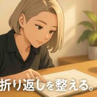 朝の柔らかな光が差し込む部屋で、20代の日本人女性ハルカが木目のデスクに広げたカレンダーを見つめながら、月の真ん中の区切りラインを指先でゆっくりとなぞっている。 表情は落ち着いて穏やかで、思考を整えている様子。 背景には手帳やコーヒーカップ、観葉植物が置かれ、温かみのあるナチュラルな空間。 画像の右下には「折り返し整える。」という白文字コピーが表示されている。