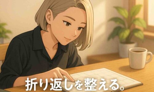 朝の柔らかな光が差し込む部屋で、20代の日本人女性ハルカが木目のデスクに広げたカレンダーを見つめながら、月の真ん中の区切りラインを指先でゆっくりとなぞっている。 表情は落ち着いて穏やかで、思考を整えている様子。 背景には手帳やコーヒーカップ、観葉植物が置かれ、温かみのあるナチュラルな空間。 画像の右下には「折り返し整える。」という白文字コピーが表示されている。