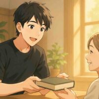 柔らかな朝の光が差し込む部屋で、30〜40代の日本人男性が優しい笑顔で相手に本を手渡している。 男性はカジュアルで清潔感のある服装。背景は木の温もりを感じるナチュラルなインテリアで、淡い光粒子が漂う柔らかい雰囲気。 全体はアニメ風の繊細なタッチで描かれ、温かさと「与える喜び」を象徴するようなイラスト。
