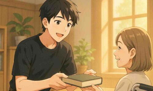 柔らかな朝の光が差し込む部屋で、30〜40代の日本人男性が優しい笑顔で相手に本を手渡している。 男性はカジュアルで清潔感のある服装。背景は木の温もりを感じるナチュラルなインテリアで、淡い光粒子が漂う柔らかい雰囲気。 全体はアニメ風の繊細なタッチで描かれ、温かさと「与える喜び」を象徴するようなイラスト。