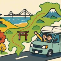 車が日本地図の上を走り、長野・新潟・富山・岐阜・静岡へ次々と進むようなイラスト。 山や海、温泉、道路標識がシンプルに描かれ、 “無計画な車中泊旅の自由さとワクワク感”を表現したデザイン。
