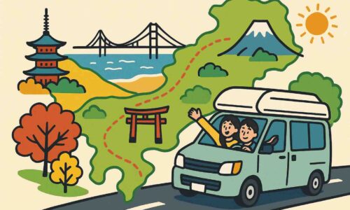 車が日本地図の上を走り、長野・新潟・富山・岐阜・静岡へ次々と進むようなイラスト。 山や海、温泉、道路標識がシンプルに描かれ、 “無計画な車中泊旅の自由さとワクワク感”を表現したデザイン。