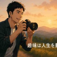 夕方の柔らかな光が差し込む自然の中で、30〜40代の日本人男性が一眼レフカメラを構え、山と雲が重なる美しい景色を撮影している。 少し高台の道に立ち、復活した趣味に胸が高鳴るようなワクワクした表情。 背景は夕暮れのグラデーションが広がり、繊細な光の粒子が漂うアニメ風・セミリアル調のイラスト。 右下には丸みのあるゴシック体で「趣味は人生を動かす」という白文字コピーが配置されている。