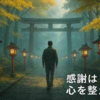 朝の光が差す神社の参道を歩く男性の後ろ姿。静かな空気の中で感謝の心が整う様子を描いたイラスト