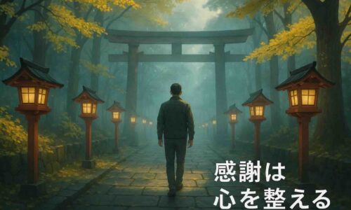 朝の光が差す神社の参道を歩く男性の後ろ姿。静かな空気の中で感謝の心が整う様子を描いたイラスト