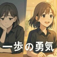 2分割構図のアニメ風イラスト。左側には20代後半の日本人女性が美容室の控室で悩んだ表情で椅子に座り、暗めのグレーの背景で考え込んでいる様子。右側には同じ女性が明るいサロンフロアで前向きな笑顔を見せ、一歩踏み出した雰囲気。髪に軽い風が入り、未来に向かう生命感のある表情。全体として“迷いから前進への変化”を表現した画像。