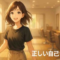 明るい美容室のフロアで、20代後半の日本人女性・はるかが一歩前へ踏み出しながら笑顔を見せているアニメ風イラスト。朝の光が髪に当たり、自信と前向きさが感じられる表情。背景はナチュラルで清潔感のあるサロン空間。右下には白い丸ゴシック体で『正しい自己肯定』と表示されている。