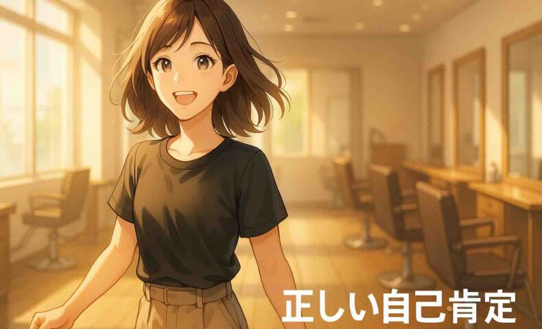 明るい美容室のフロアで、20代後半の日本人女性・はるかが一歩前へ踏み出しながら笑顔を見せているアニメ風イラスト。朝の光が髪に当たり、自信と前向きさが感じられる表情。背景はナチュラルで清潔感のあるサロン空間。右下には白い丸ゴシック体で『正しい自己肯定』と表示されている。