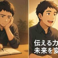 伝え方に悩む男性と、相手に思いが伝わって笑顔になる男性を左右に並べたアニメ風イラスト。伝える難しさと大切さを表現した2分割構成の画像。