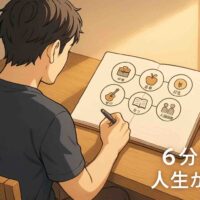 木製デスクの上に開かれたノートには、仕事・健康・お金・人間関係・趣味・学びの6つの円と小さなアイコンが描かれている。30代の日本人男性が後ろ姿でペンを持ち、朝の柔らかい光が差し込む静かな部屋で未来の設計を書き込もうとしているアニメ風イラスト。