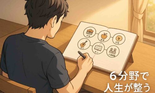 木製デスクの上に開かれたノートには、仕事・健康・お金・人間関係・趣味・学びの6つの円と小さなアイコンが描かれている。30代の日本人男性が後ろ姿でペンを持ち、朝の柔らかい光が差し込む静かな部屋で未来の設計を書き込もうとしているアニメ風イラスト。