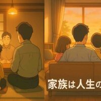 昭和の茶の間で親と過ごす幼い自分と、現代のリビングで子どもと並んで座る現在の自分を左右に対比した16:9のアニメ風イラスト。過去と現在の家族の温かさを象徴し、右下に「家族は人生の中心」と表示された作品。