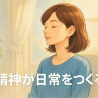 朝の柔らかな光が差し込む静かな部屋で、30代の日本人女性が椅子に座り、目を閉じて深呼吸をしているアニメ風の横顔イラスト。柔らかい暖色と淡い青のグラデーションが広がり、心が整う落ち着いた空気感が表現されている。下部には白い丸ゴシック体で『精神が日常をつくる。』と表示されている。