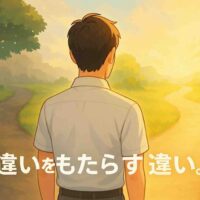 二股の道の前に立ち、どちらの道へ進むべきか考えている30代日本人男性の後ろ姿を描いたアニメ風イラスト。左側の道は薄暗く惰性を象徴し、右側の道は明るい光が差し込む未来への道。全体は柔らかい光とパステル調の色合いで描かれ、『違いをもたらす違い。』という言葉が下部に表示されている。