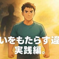 未来へ向かう分かれ道に立ち、前に一歩踏み出そうとする30代の日本人男性。柔らかな光が差し込む明るい未来の道と、不安を象徴する影のある道が広がり、男性は強い表情で前を見据えている。画面下に太めの白い文字で『違いをもたらす違い 実践編。』と表示されている。