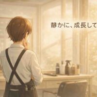 成長について静かに考える、朝の美容室に立つ日本人美容師の後ろ姿のイラスト