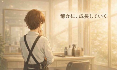 成長について静かに考える、朝の美容室に立つ日本人美容師の後ろ姿のイラスト