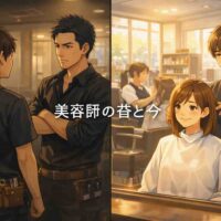 昔の厳しい美容室環境で先輩に向き合う若い美容師と、現代の穏やかな美容室でお客様と向き合う美容師を対比して描いたアイキャッチイラスト
