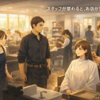 複数の美容師がそれぞれの役割を担いながら一体感をもって働く美容室の店内風景。スタッフが変わることでお店の空気が変わる様子を表現したアイキャッチイラスト。