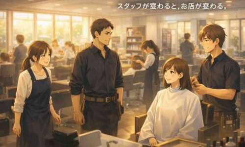 複数の美容師がそれぞれの役割を担いながら一体感をもって働く美容室の店内風景。スタッフが変わることでお店の空気が変わる様子を表現したアイキャッチイラスト。