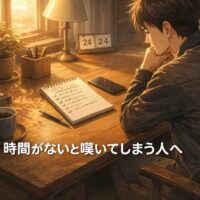 やることリストとスマートフォンが置かれたデスクを前に、時間の使い方を見直そうとする日本人男性を描いたアイキャッチ画像