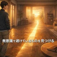 立ち止まって前を見つめる日本人男性と光の一本道が、無意識に避けている行動に気づく瞬間を象徴するアイキャッチ画像