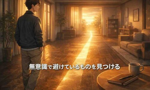 立ち止まって前を見つめる日本人男性と光の一本道が、無意識に避けている行動に気づく瞬間を象徴するアイキャッチ画像
