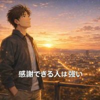 夕暮れの空を見上げる日本人男性の穏やかな表情が、1年を振り返り感謝の気持ちを抱く心の強さを象徴しているアイキャッチ画像