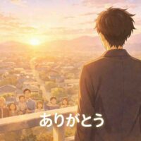 朝の街並みを見下ろす高台に立つ男性の後ろ姿を描いたアニメ風イラスト。昇る朝日が空をやさしいグラデーションで染め、街の下には家族やスタッフ、地域の人々が集い、感謝の気持ちが静かに伝わる情景。一年の終わりと新しい始まりを象徴する、明るく穏やかな雰囲気の中、画面下には白文字で『ありがとう』と添えられている。